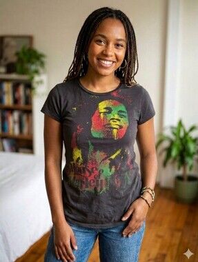 Rare BOB MARLEY "House Of Marley" Woman's Fitted Black Tee Rasta Portrait Sz XL